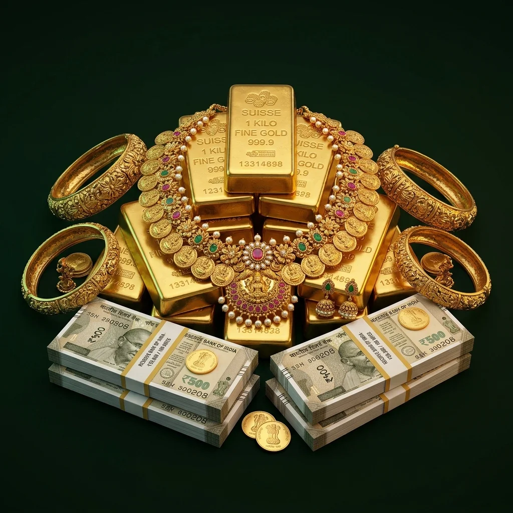 Instant Cash for Gold with Indian Rupee banknotes and gold ornaments